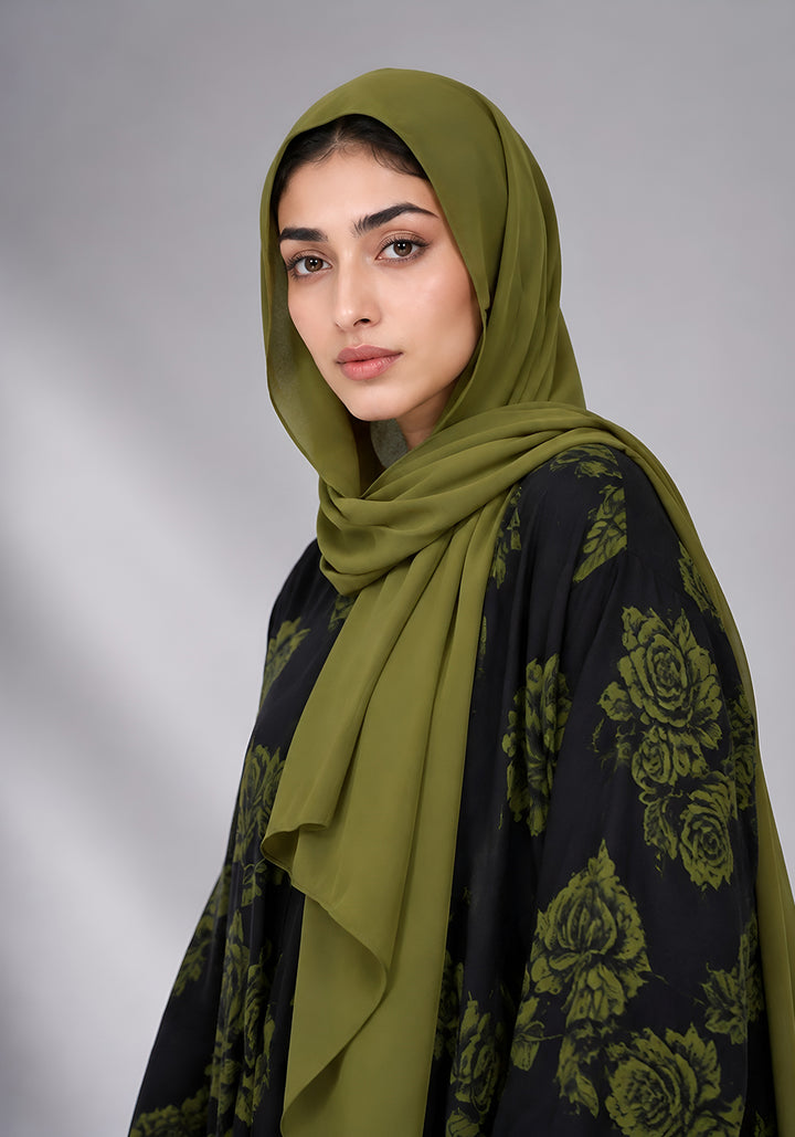 Black and Green Printed Abaya
