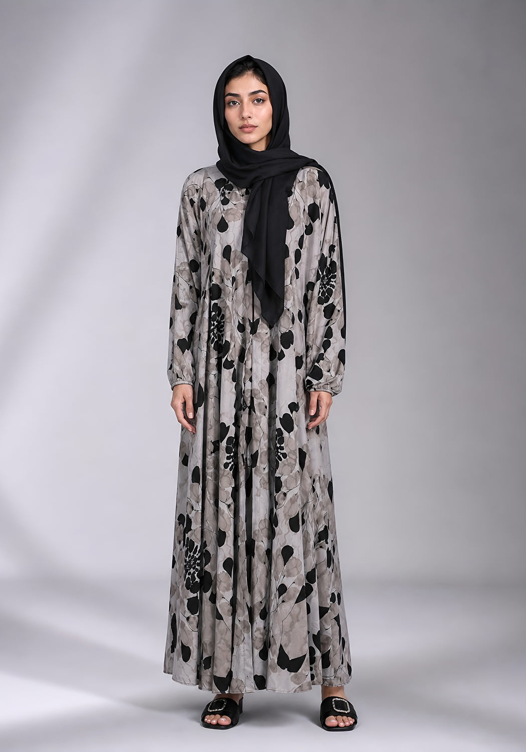 Black Grey Printed Abaya