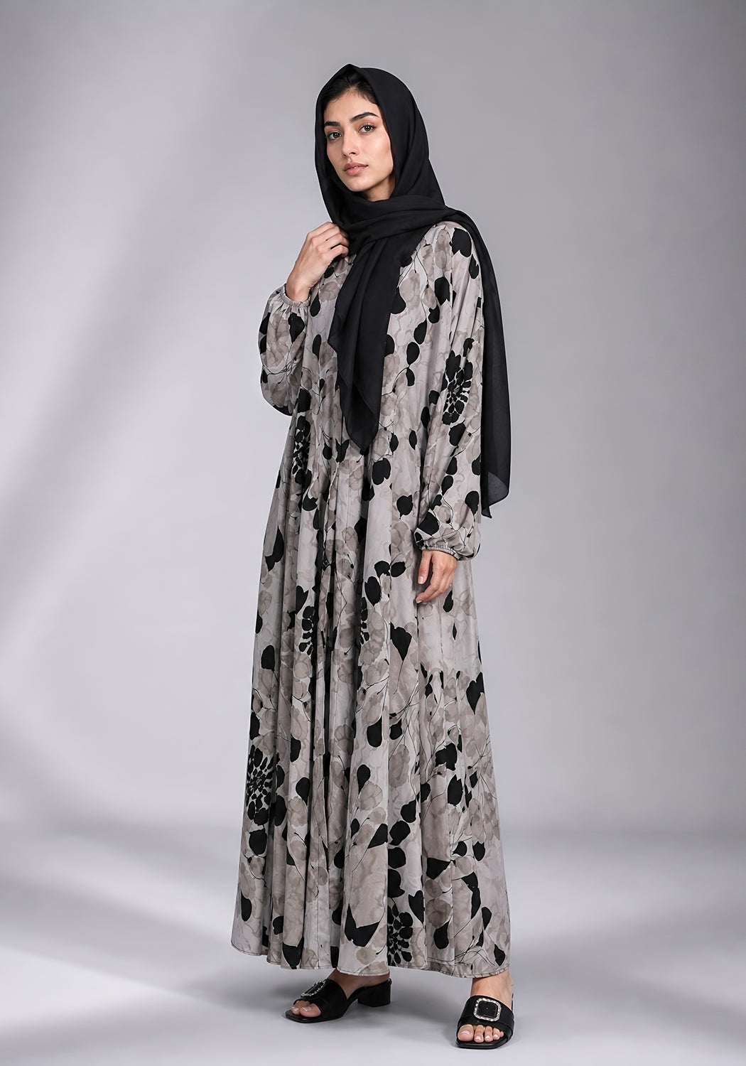 Black Grey Printed Abaya