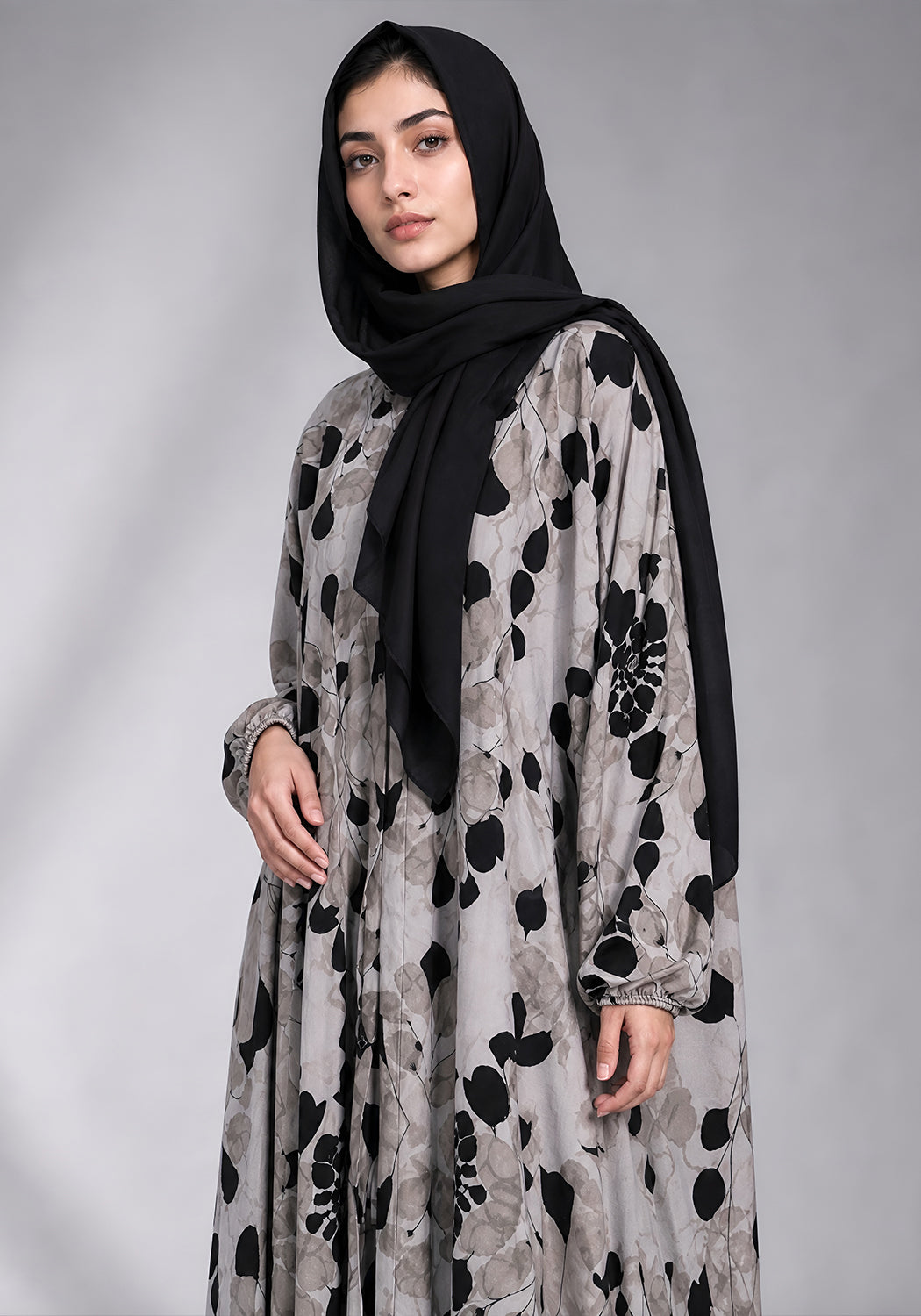 Black Grey Printed Abaya