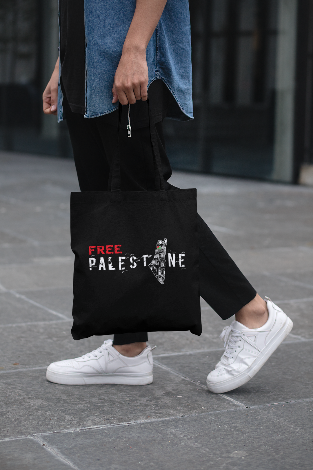 Free Palestine Printed Canvas Bag - Black