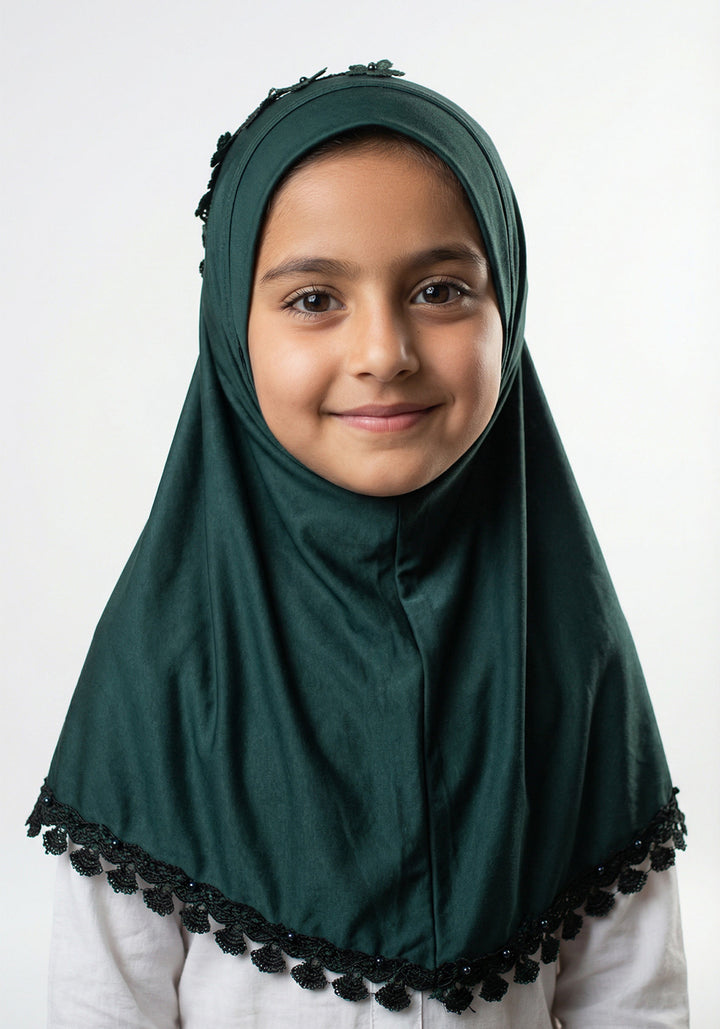 Kids Makhna Lace Hijab - Dark Green