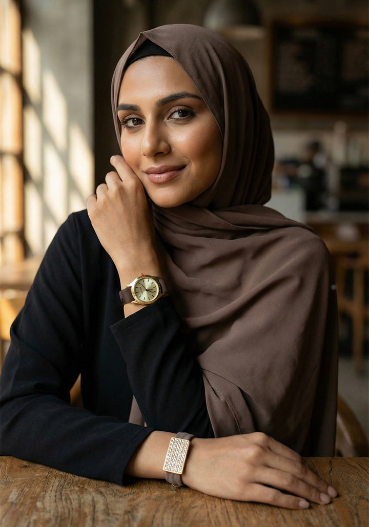 Matching Hijab, Watch & Bracelet Set - Coffee