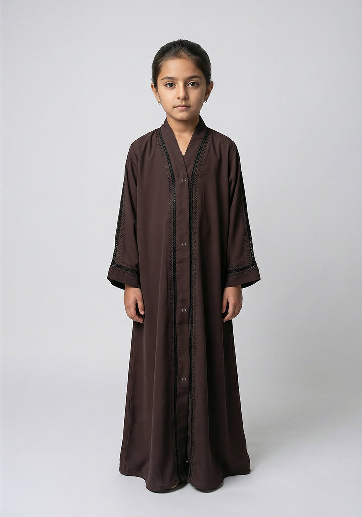 Fancy Kids Front Open Abaya Brown