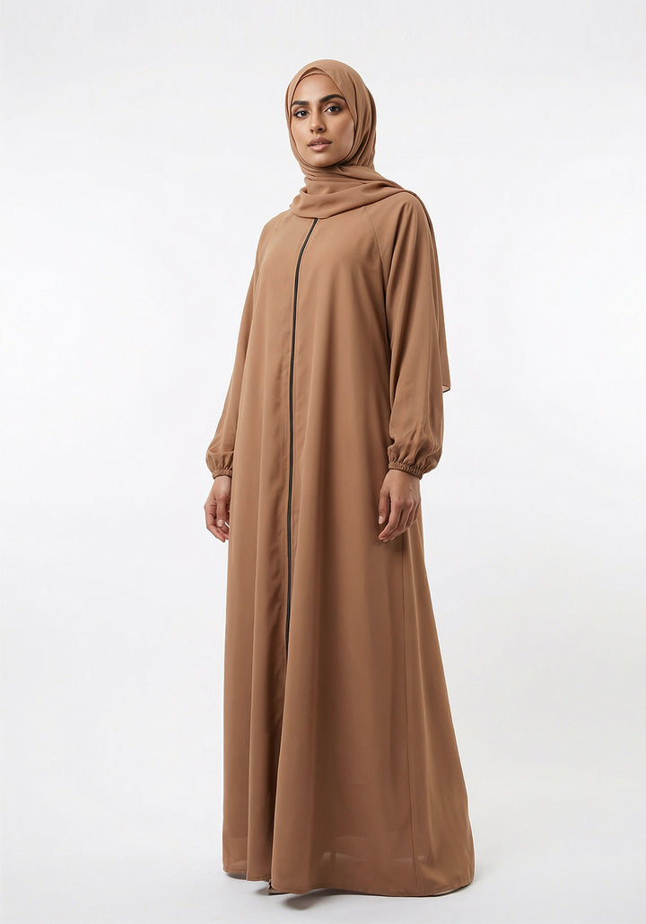 Zipper A-Line Abaya- Camel