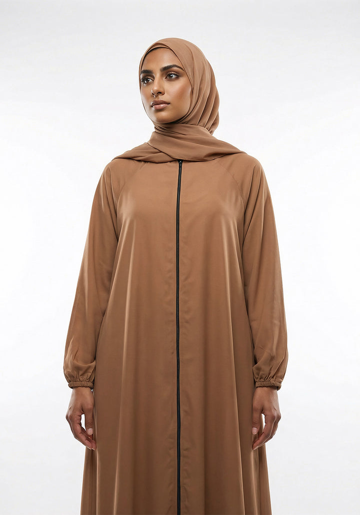 Zipper A-Line Abaya- Camel