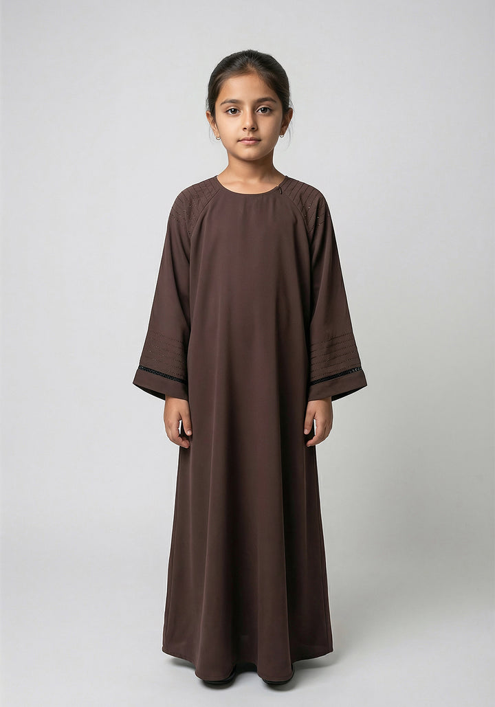 Fancy Kids Front Closed Abaya Brown