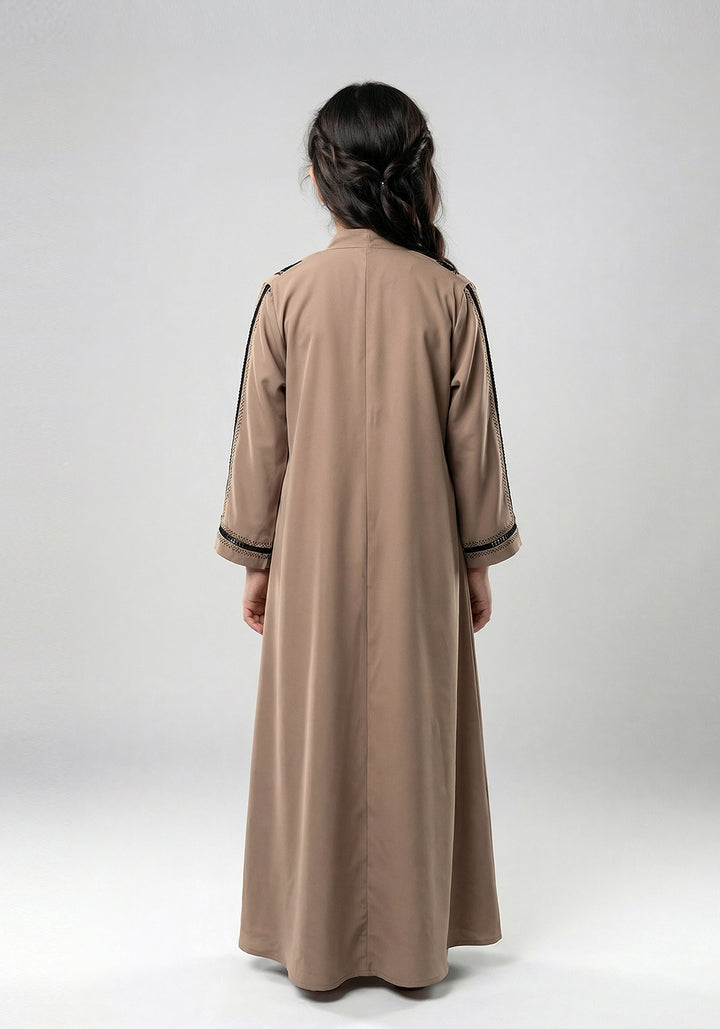 Fancy Kids Front Open Abaya Fawn