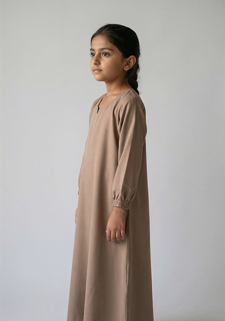Kids Front Closed Abaya Fawn