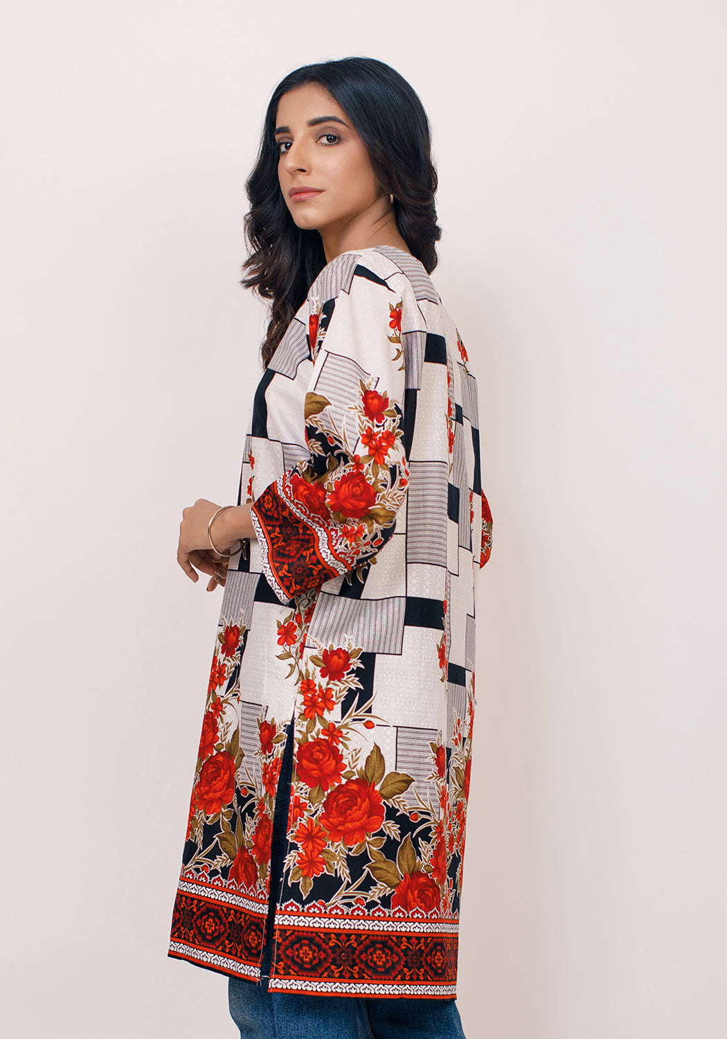 Arzoo White and Red Flower Print Lawn Kurti