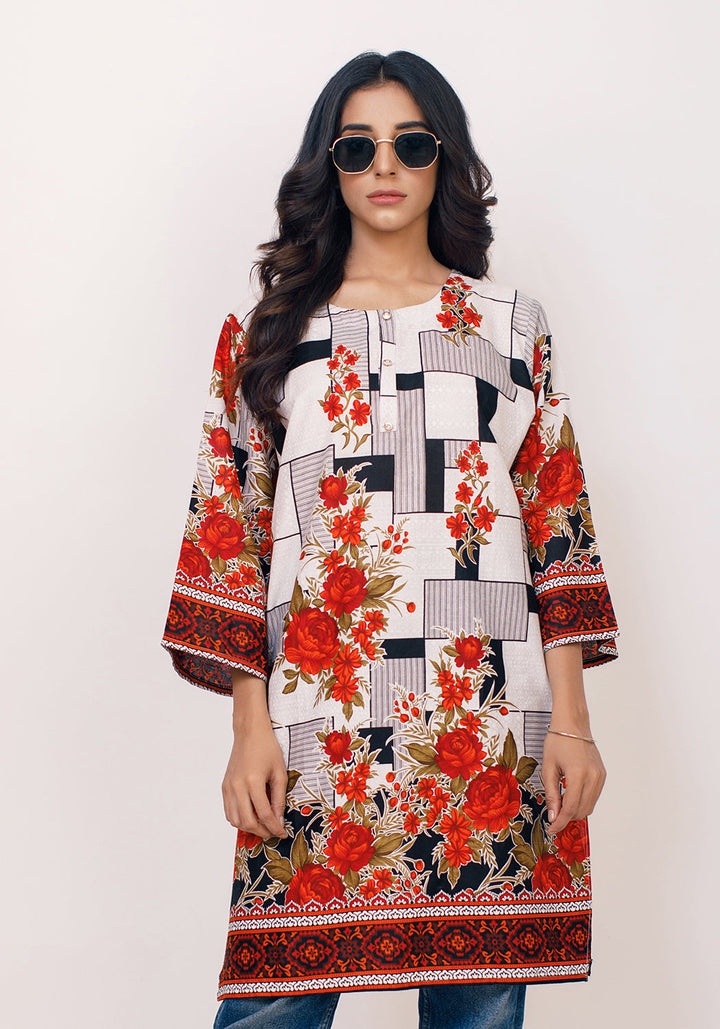 Arzoo White and Red Flower Print Lawn Kurti