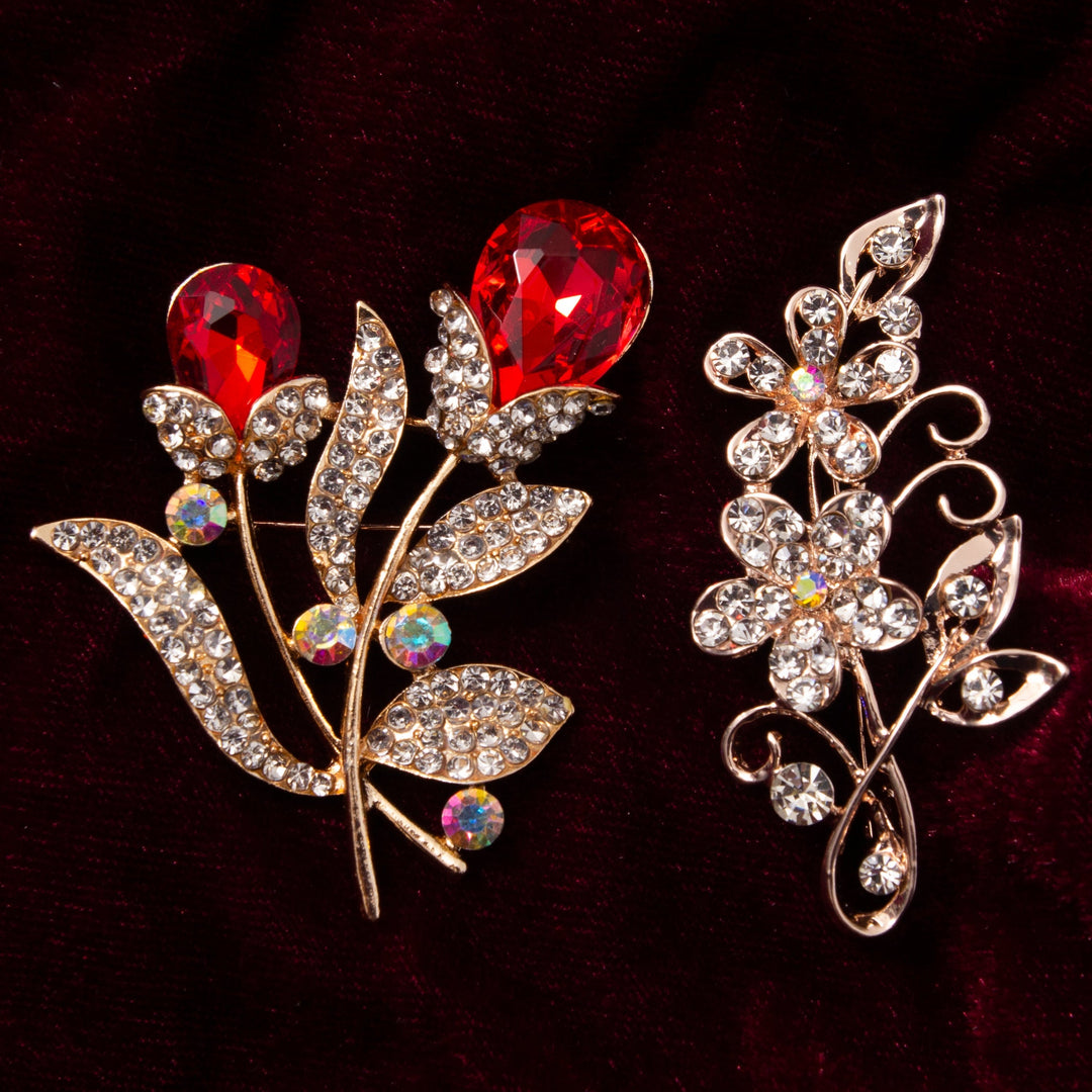 SET OF 2 BROOCHES RED DROP AND CLEAR LEAF